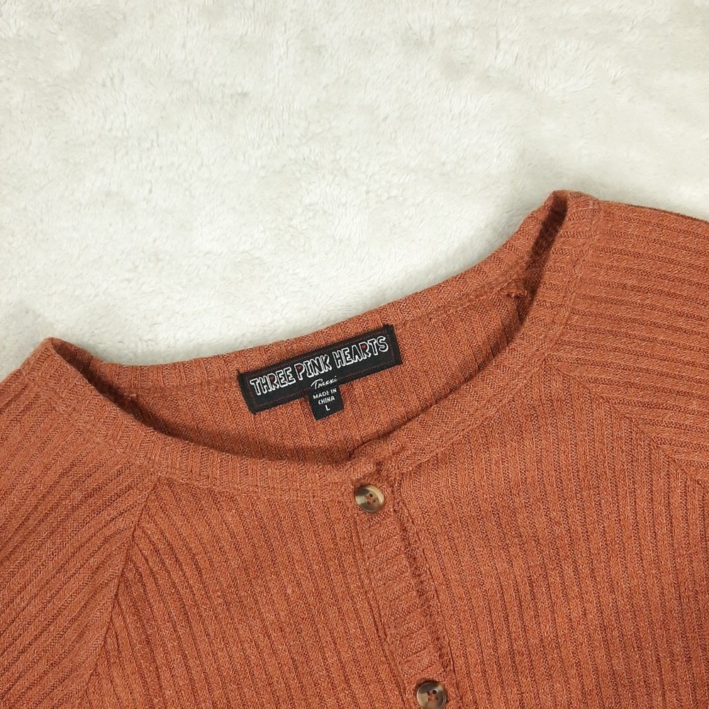 Three Pink Hearts Trixxi Rust Ribbed Ruffle Hem Cropped Cardigan Large NWT